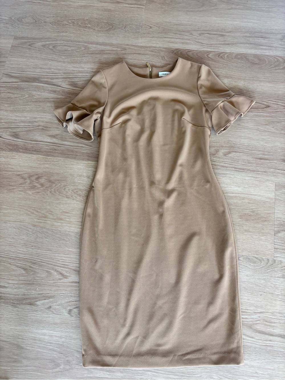 Calvin Klein Camel Ruffle Sleeve Midi Dress